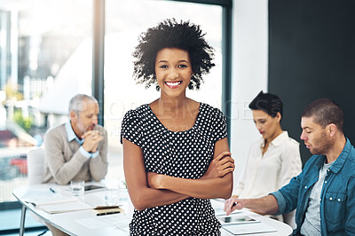 Buy stock photo Portrait, smile and confident business woman in office meeting, coworking or team leader in creative startup. Face, happy professional and entrepreneur with arms crossed, designer or proud employee