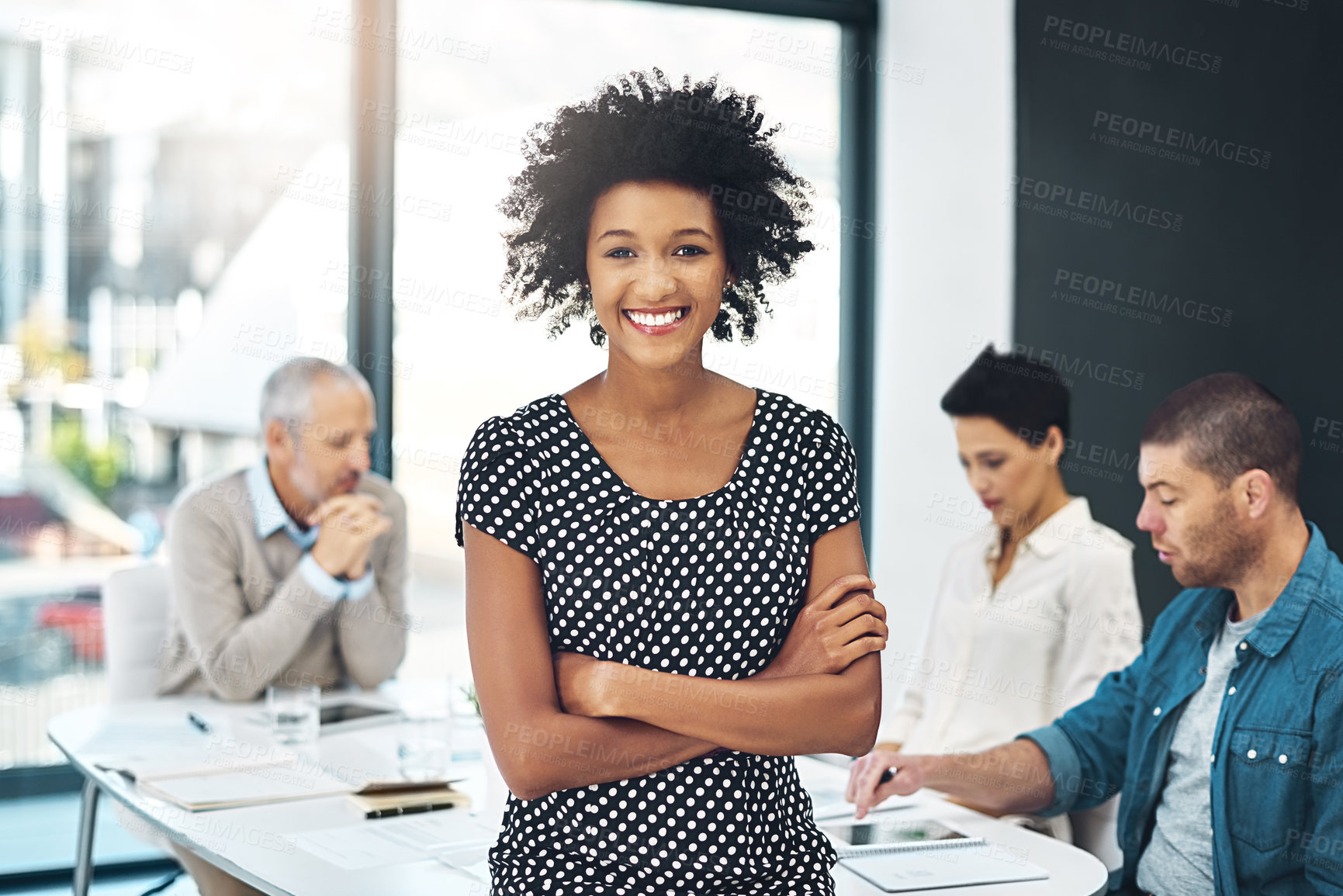 Buy stock photo Portrait, smile and confident business woman in office meeting, coworking or team leader in creative startup. Face, happy professional and entrepreneur with arms crossed, designer or proud employee