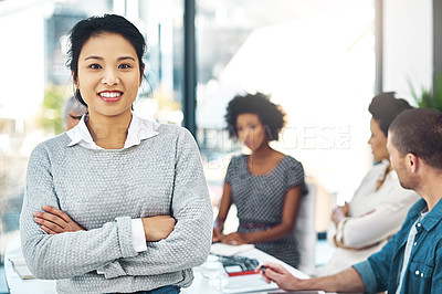 Buy stock photo Portrait, smile and business woman with arms crossed in office meeting, coworking or team leader in creative startup. Face, confident and happy professional entrepreneur, copywriter or proud manager