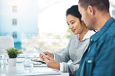 Buy stock photo Business people, tablet and talking in office for collaboration, brainstorming or sharing ideas. Man, woman or colleagues working together on tech for online store, internet search and social media