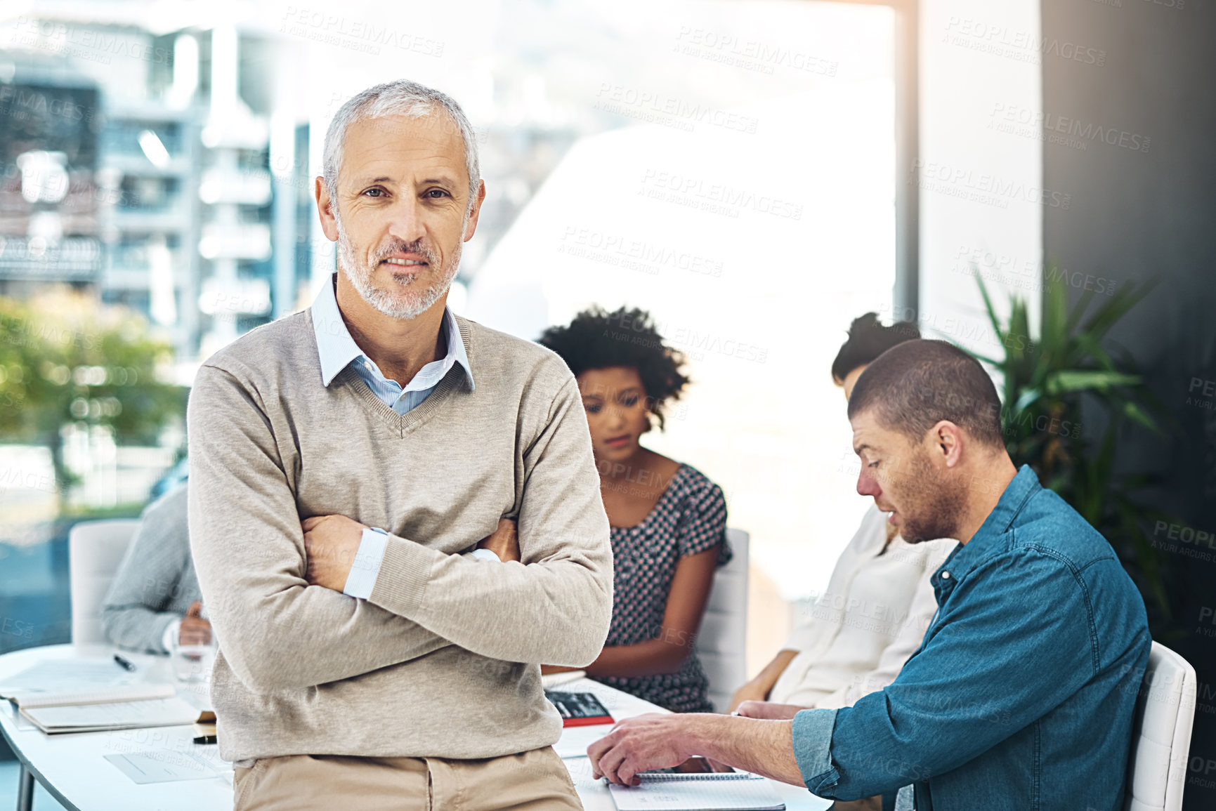 Buy stock photo Mature businessman, executive and arms crossed for meeting in office with confidence in corporate planning. Professional, ceo or expert with pride in boardroom for teamwork, project strategy or ideas
