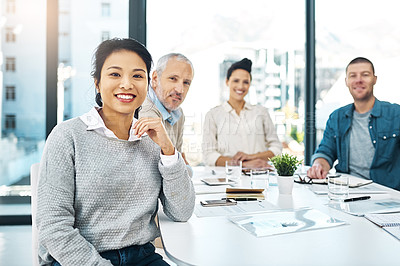 Buy stock photo Portrait, smile and business woman with team in office, about us and leader in creative startup meeting. Face, happy manager and professional entrepreneur with group of diverse designers or staff