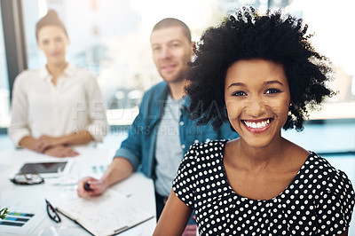 Buy stock photo Portrait, happy and business woman with team in office, about us and leader in creative startup meeting. Face, smile and professional manager, entrepreneur and group of diverse financial consultants