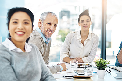 Buy stock photo Portrait, mature man and manager with group in office meeting, about us and leadership in creative business startup. Face, smile and professional executive team, ceo and copywriter with employees