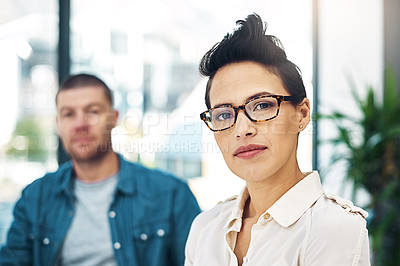 Buy stock photo Female leader, manager and portrait in office with partner for support, vision and teamwork in workplace. Woman, glasses and corporate meeting in Canada for group work, collaboration and mentor