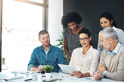 Buy stock photo Business people, boardroom and tablet for plan on sales growth, teamwork and problem solving. Employees, speaking and office for collaboration at global business, research and meeting for project
