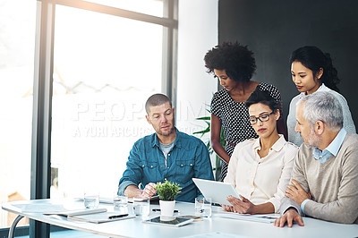Buy stock photo Business people, boardroom and tablet for research on sales growth, teamwork and problem solving. Employees, speaking and office for collaboration at global business, online and meeting for project