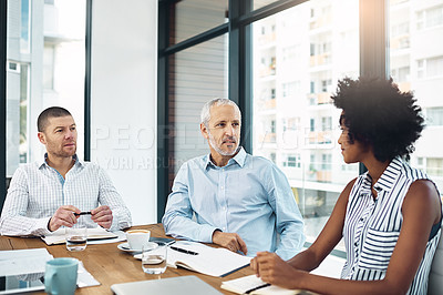 Buy stock photo Business people, meeting or collaboration in office for planning, discussion and teamwork with books. Coworkers, notes and paper in boardroom for project, ideas and brainstorming at workplace