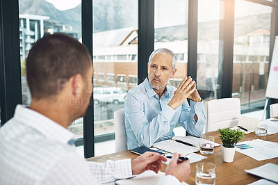 Buy stock photo CEO, business men and team planning in meeting, discussion and brainstorming startup ideas together in office. Mature financial consultant, collaboration and manager in conversation for strategy