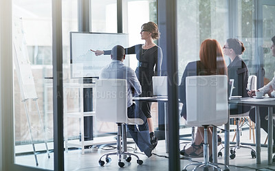 Buy stock photo Woman pointing, teaching or business people in presentation for sales report or data analysis. Education, leadership or manager planning strategy on screen monitor in mentorship training or meeting
