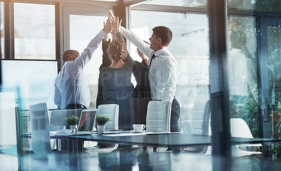 Buy stock photo Business people, high five, team building and winning with success, celebration and support in meeting. Mission, professional mindset and teamwork with corporate group, partnership and collaboration