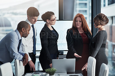 Buy stock photo Collaboration, business meeting and team working on a project in the office conference room. Teamwork, diversity and professional employees planning research on a laptop in the workplace boardroom.