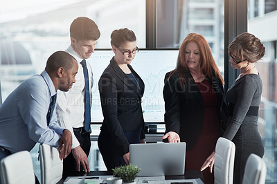 Buy stock photo Collaboration, laptop and business people planning a project in the office conference room. Teamwork, diversity and professional employees in a meeting working on research in the workplace boardroom.