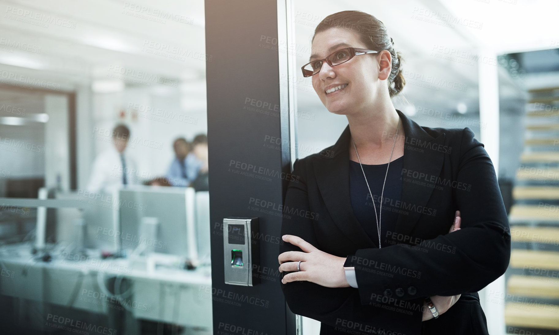 Buy stock photo Businesswoman, corporate and thinking with smile at door for company ideas, vision and future growth. Proud person, fingerprint and happy hr manager with confidence or insight for office leadership 