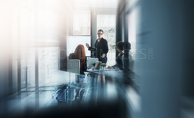 Buy stock photo Woman, teacher or business people in presentation for sales report, vision or data analysis in mentorship. Teaching blur, speaker or manager planning strategy on screen in group training or meeting