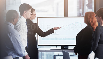 Buy stock photo Presentation, training or business people in a meeting for graphs report or chart analysis in a company. Data analytics, woman manager or speaker planning a growth strategy on screen in mentorship