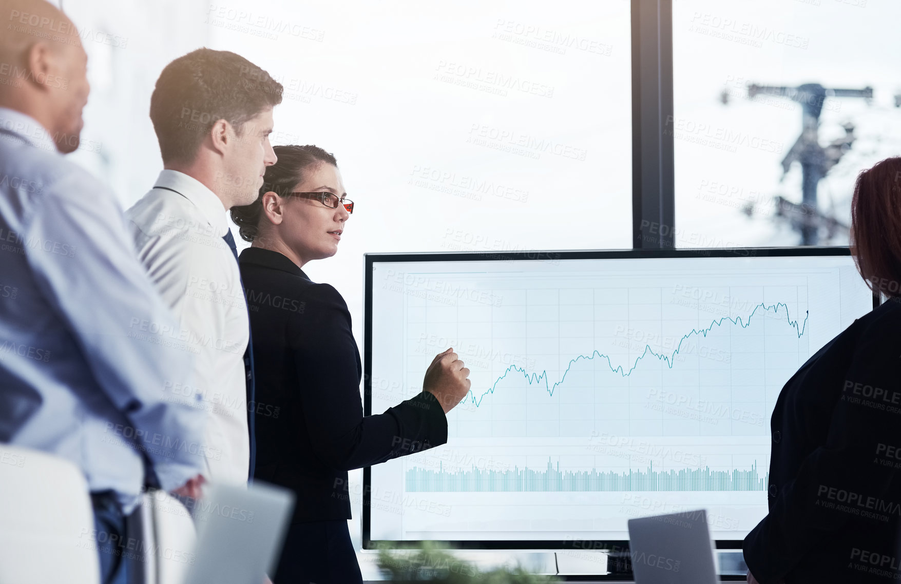 Buy stock photo Mentor, monitor or business people in a presentation for chart report or graphs analysis in a meeting. Data analytics, woman manager or speaker planning sales growth on screen monitor in mentorship