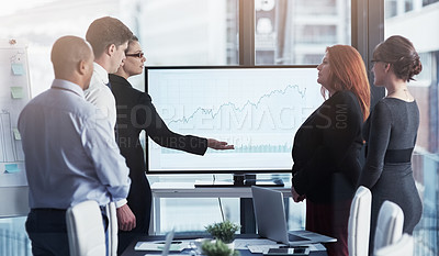 Buy stock photo Leader, monitor or business people in a presentation for chart report or graphs analysis in a meeting. Data analytics, woman manager or speaker planning sales growth on screen in mentorship coaching