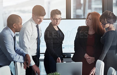 Buy stock photo Teamwork, presentation and business people with a laptop for planning project in the office boardroom. Collaboration, diversity and professional employees in meeting working on research in workplace.