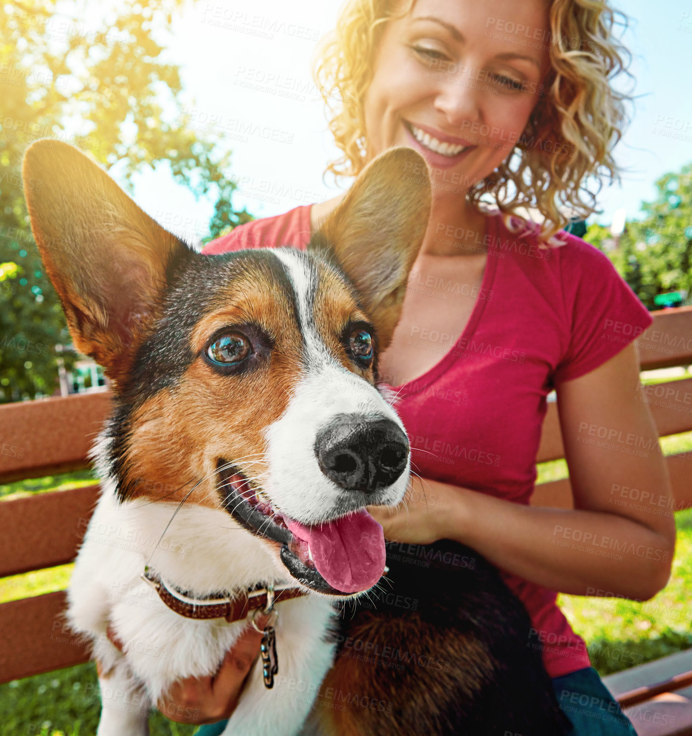 Buy stock photo Shot of a young woman bonding with her dog in the park