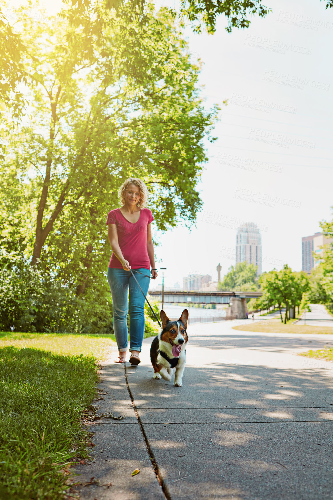 Buy stock photo Shot of an attractive young woman walking her dog in the park