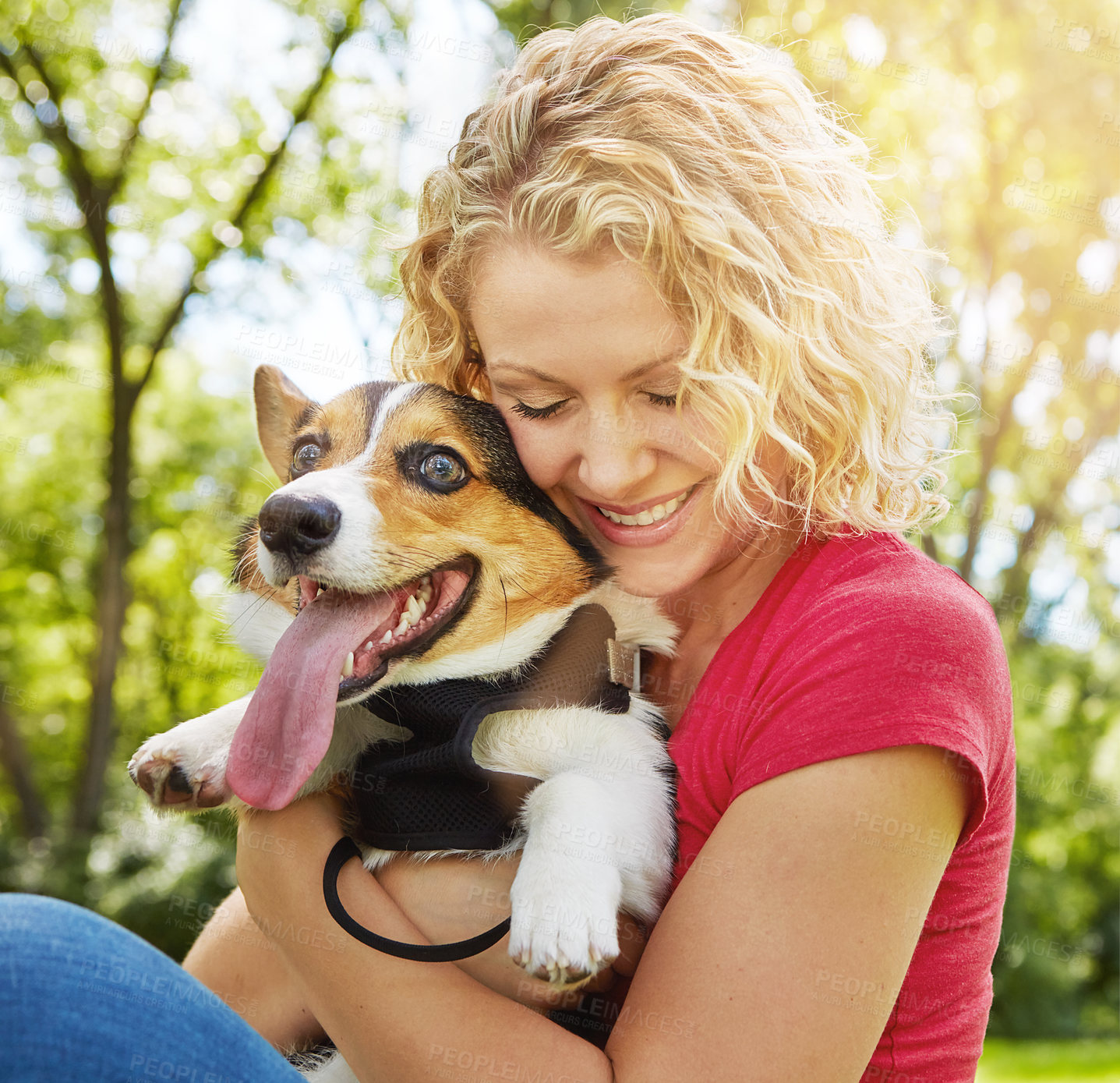 Buy stock photo Shot of a young woman bonding with her dog in the park