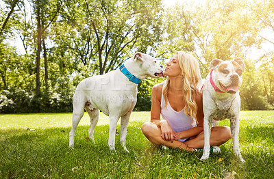 Buy stock photo Shot of a young woman with her two dogs at the park