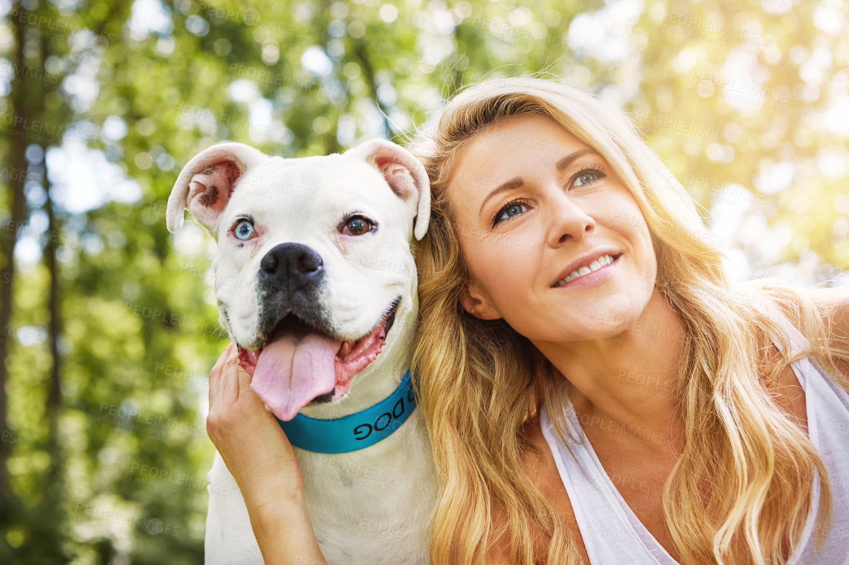 Buy stock photo Shot of a young woman spending time with her dog at the park