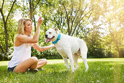 Buy stock photo Shot of a young woman spending time with her dog at the park