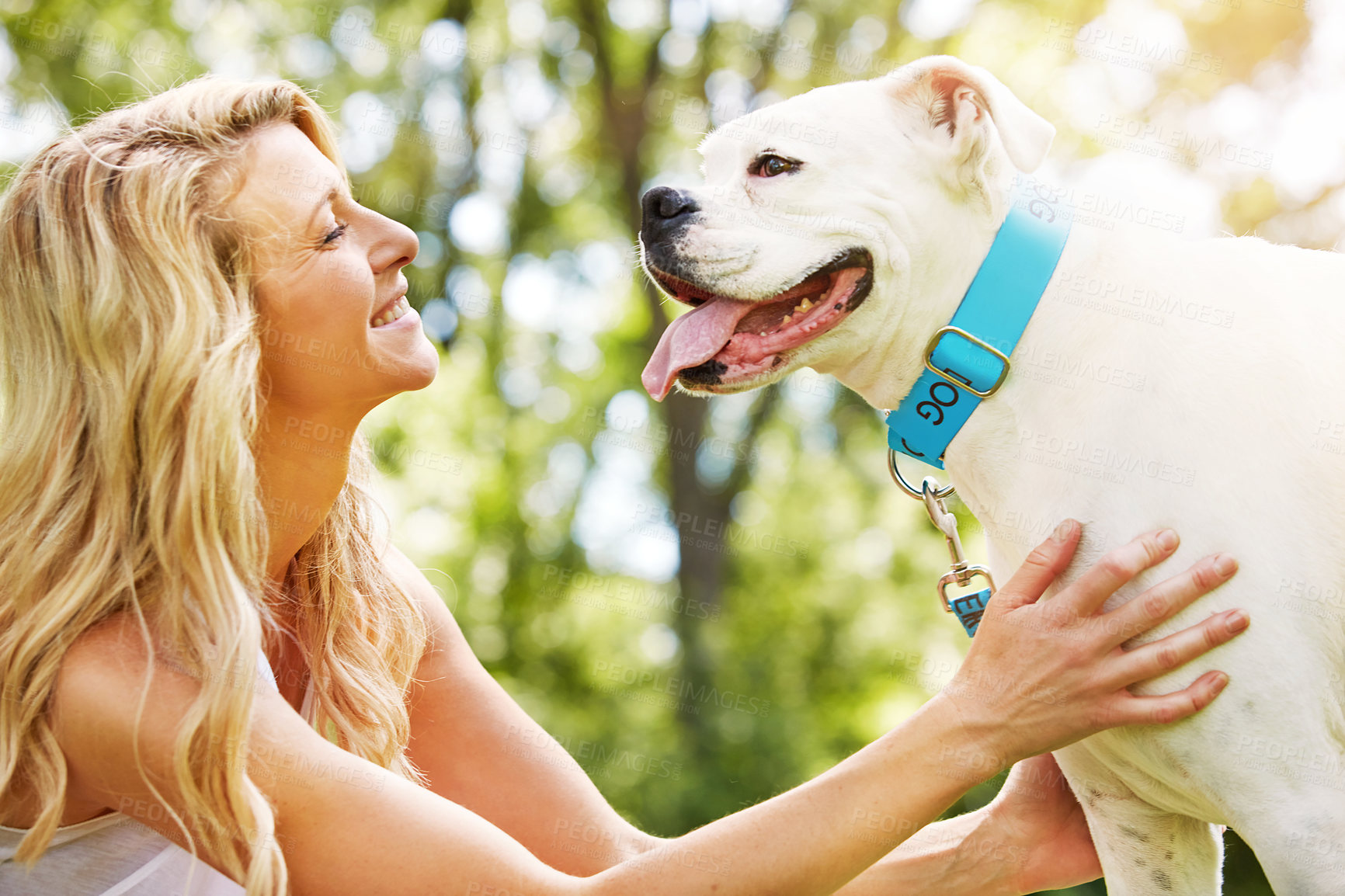 Buy stock photo Shot of a young woman spending time with her dog at the park