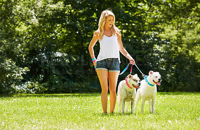 Buy stock photo Shot of a young woman with her two dogs at the park