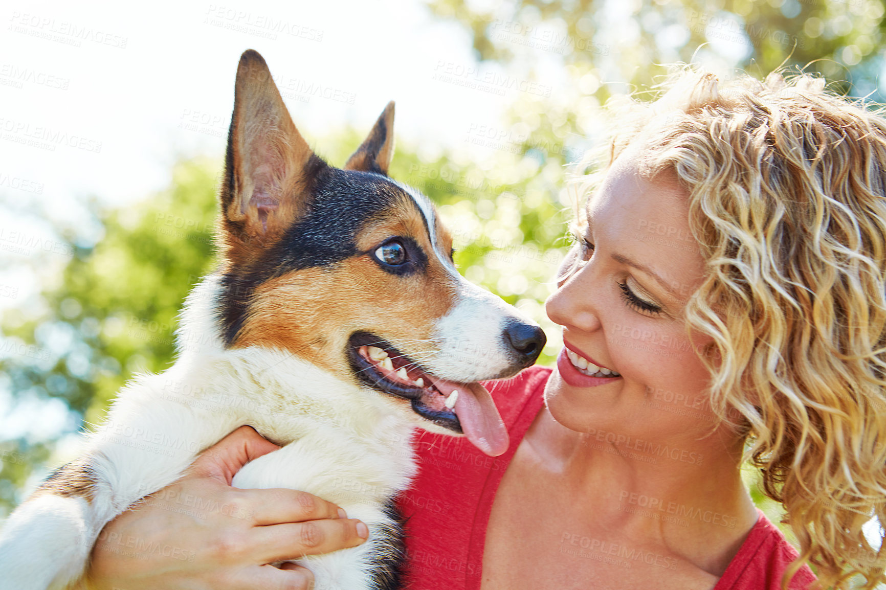 Buy stock photo Shot of a young woman bonding with her dog in the park