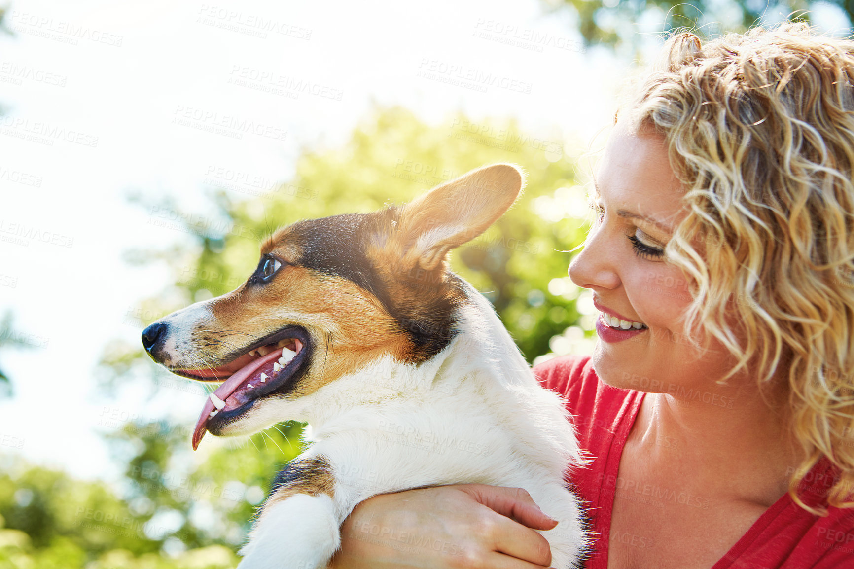 Buy stock photo Shot of a young woman bonding with her dog in the park