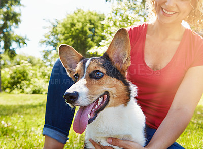 Buy stock photo Shot of a young woman bonding with her dog in the park