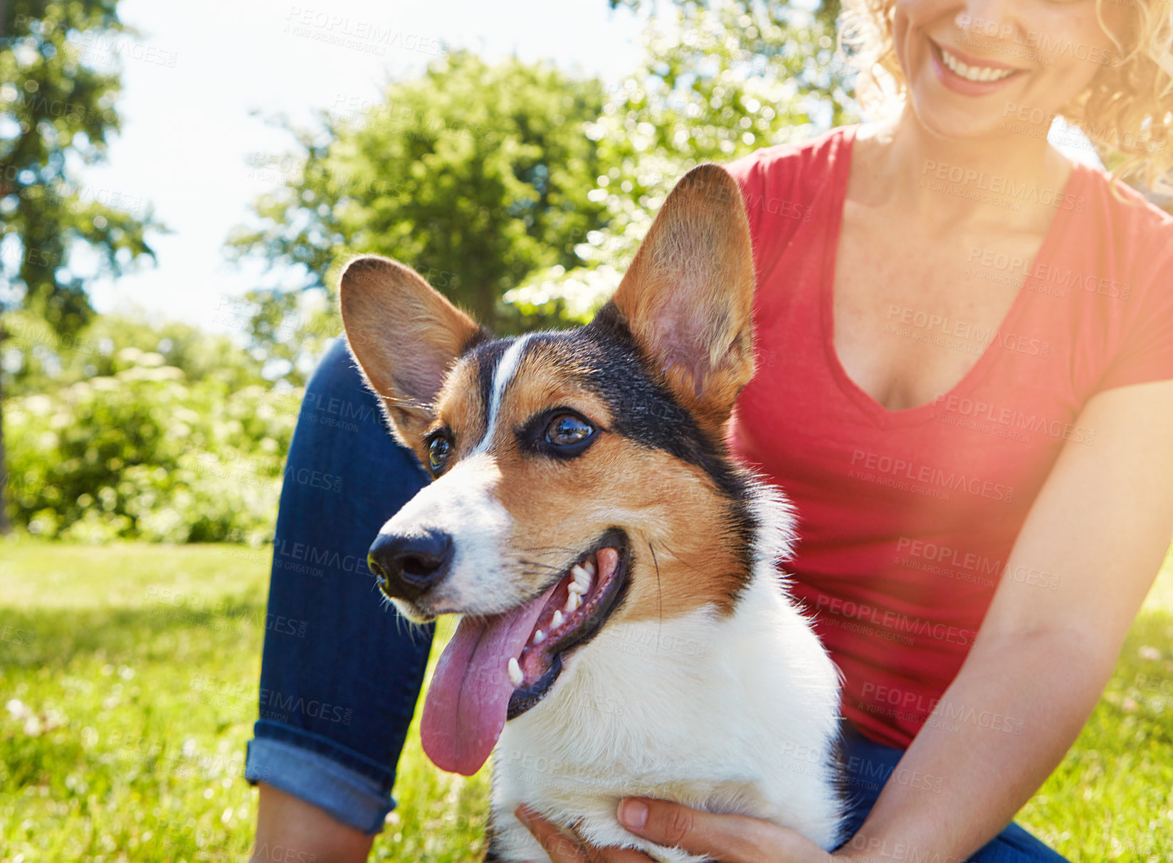 Buy stock photo Shot of a young woman bonding with her dog in the park