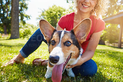 Buy stock photo Shot of a young woman bonding with her dog in the park