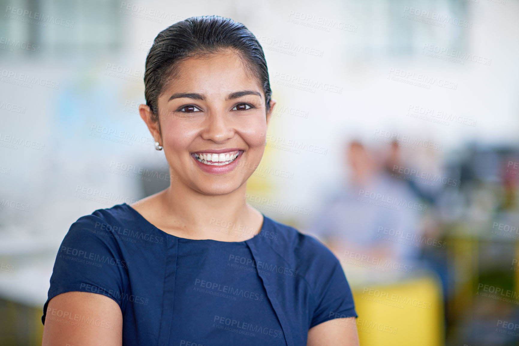 Buy stock photo Smile, business and portrait of woman in office with consultant, project manager and confidence at creative agency. About us, happy face and businesswoman with opportunity, trust and pride at startup