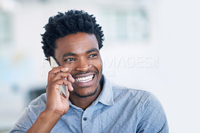 Buy stock photo Happy, black man and agent with phone call for friendly discussion, chat or proposal at office. Young African, male person or consultant talking on mobile smartphone for online advice or conversation