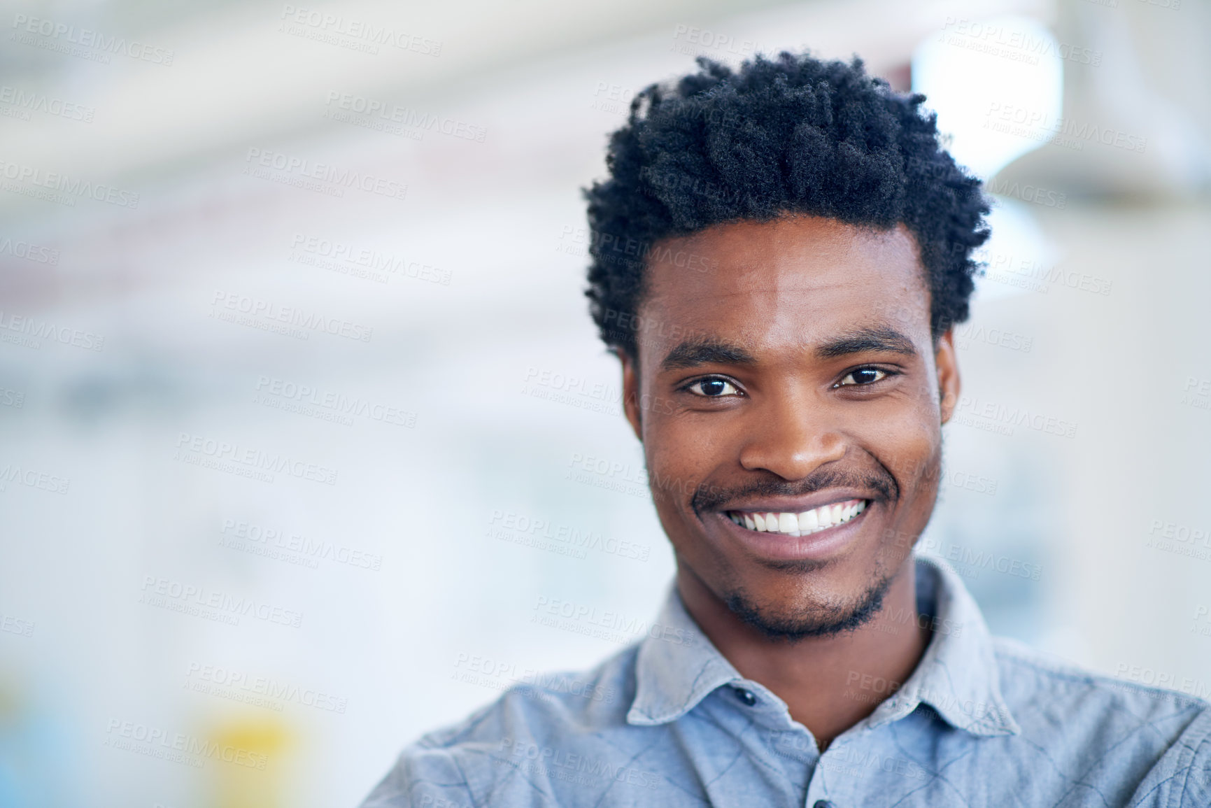 Buy stock photo Business, creative and portrait of black man in office with smile, confidence and mockup at agency. About us, design and happy businessman with opportunity, trust and professional pride at startup