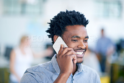 Buy stock photo Happy black man, consultant and communication with phone call for friendly discussion, chat or proposal at office. Young African or male person talking on mobile smartphone with smile in conversation