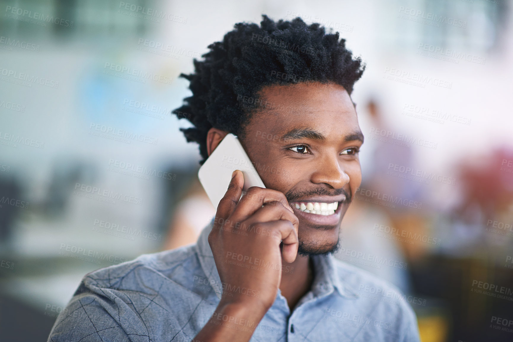 Buy stock photo Happy black man, agent and communication with phone call for friendly discussion, chat or proposal at office. Young African or male person talking on mobile smartphone with smile for conversation