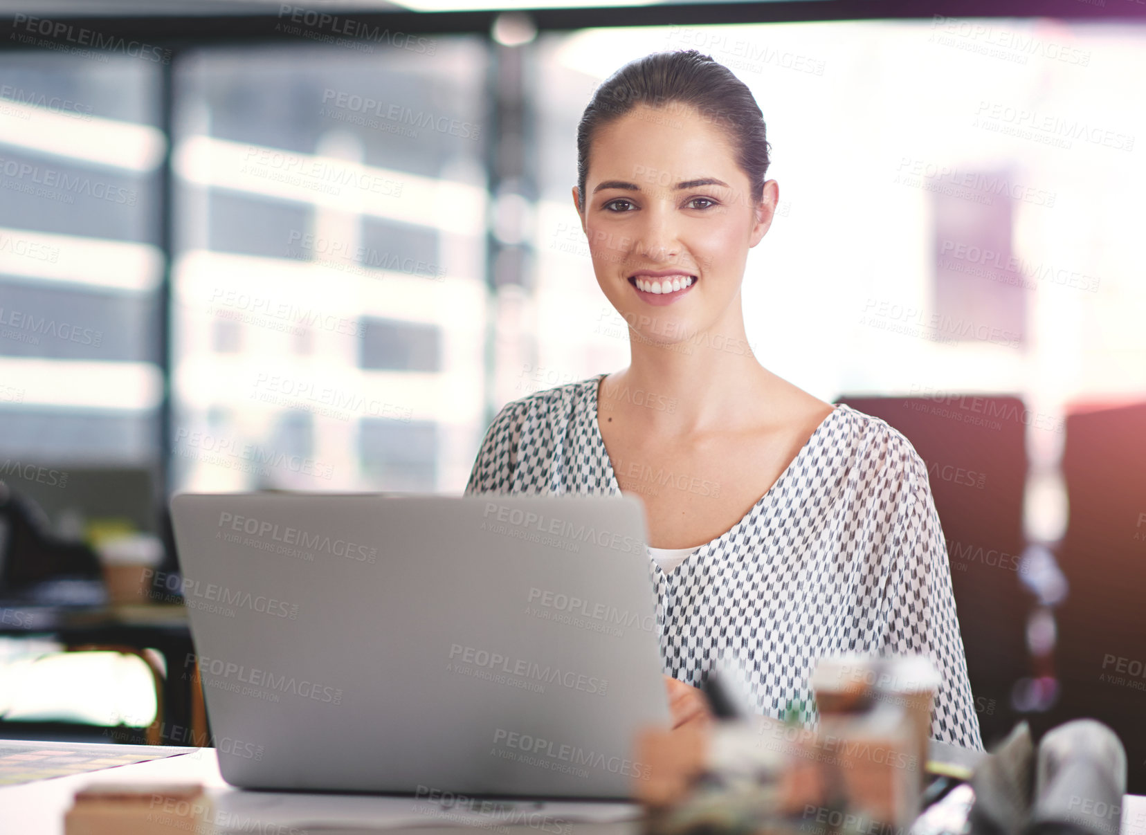 Buy stock photo Woman, writing and portrait of journalist in office with article, research and typing on laptop. Writer, editing and person with report, review and info on computer in workplace with post online