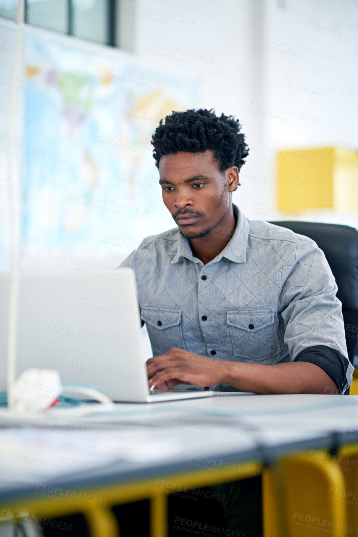 Buy stock photo Black man, writing and journalist in office with article, research and typing breaking news on laptop. Editing, writer and person with report, review or info on computer in workplace with post online