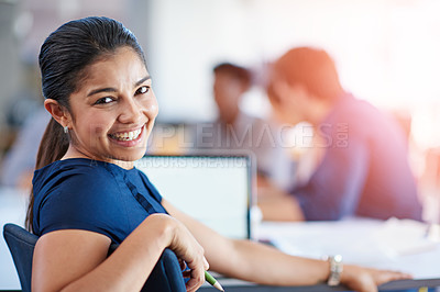Buy stock photo Happy, meeting and portrait of business woman with laptop in office for finance research with team. Smile, confident and female financial advisor with computer for corporate budget plan discussion.