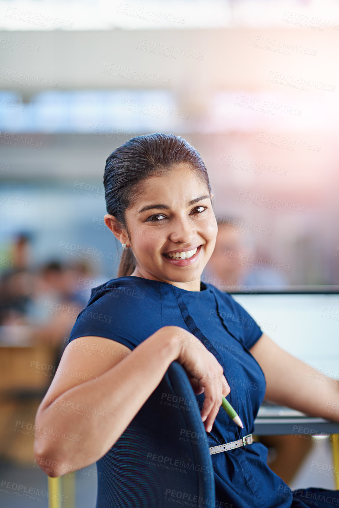 Buy stock photo Happy, confident and portrait of business woman with laptop in office for online finance research. Smile, pride and female financial advisor with computer for corporate budget planning in workplace.