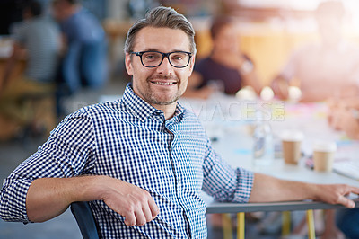 Buy stock photo Man, portrait and office for meeting, planning and teamwork for creative startup with collaboration. Businessman, colleagues and web designer with glasses, confidence and growth or development