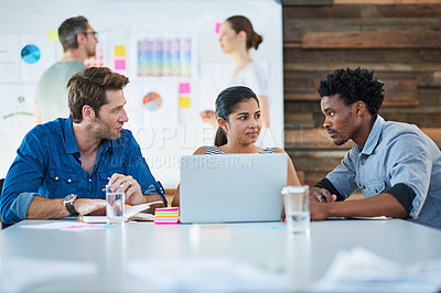 Buy stock photo Business people, planning and thinking in office for teamwork, creative project and marketing strategy. Collaboration, employees and content writers with laptop for advertising, blog or website ideas