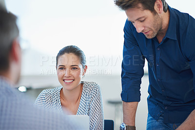Buy stock photo Collaboration, team and discussion in office for strategy, brainstorming and schedule in workplace. Coworkers, meeting and workshop with laptop for work, event and partnership in business or ideas