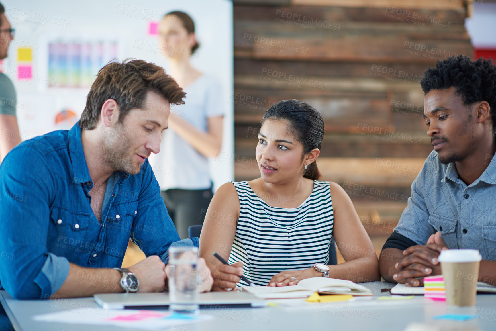 Buy stock photo Business people, brainstorming or book in office for collaboration, creative project or marketing strategy. Teamwork, employees or content writers with thinking for advertising, blog or website ideas