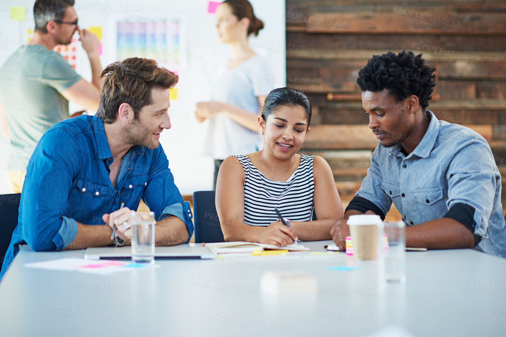 Buy stock photo Business people, office and team in meeting discussion and diversity for collaboration, communication and online data. Idea, teamwork and marketing strategy for project, brainstorming and planning